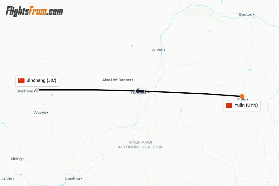 Flights from Yulin to Jinchang route map