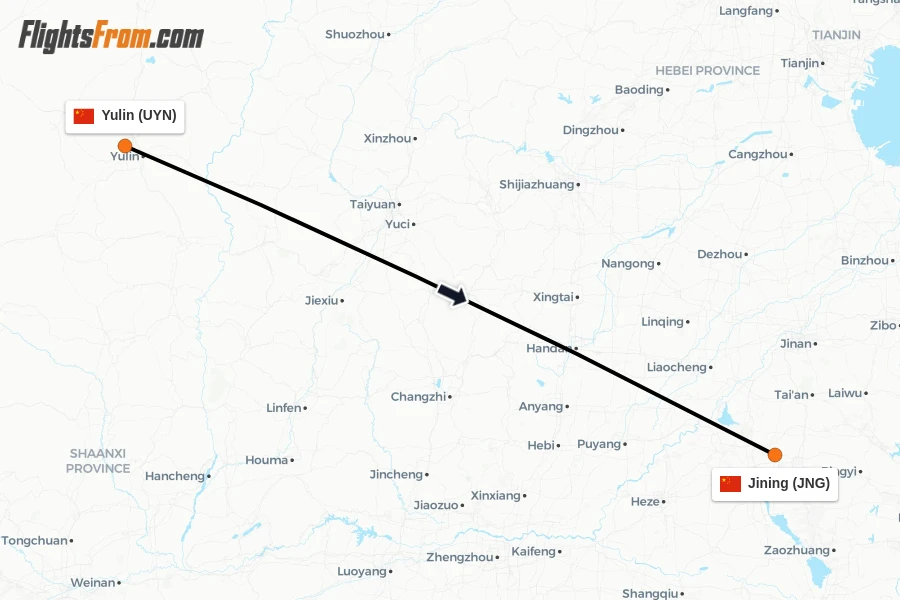 Flights from Yulin to Jining route map