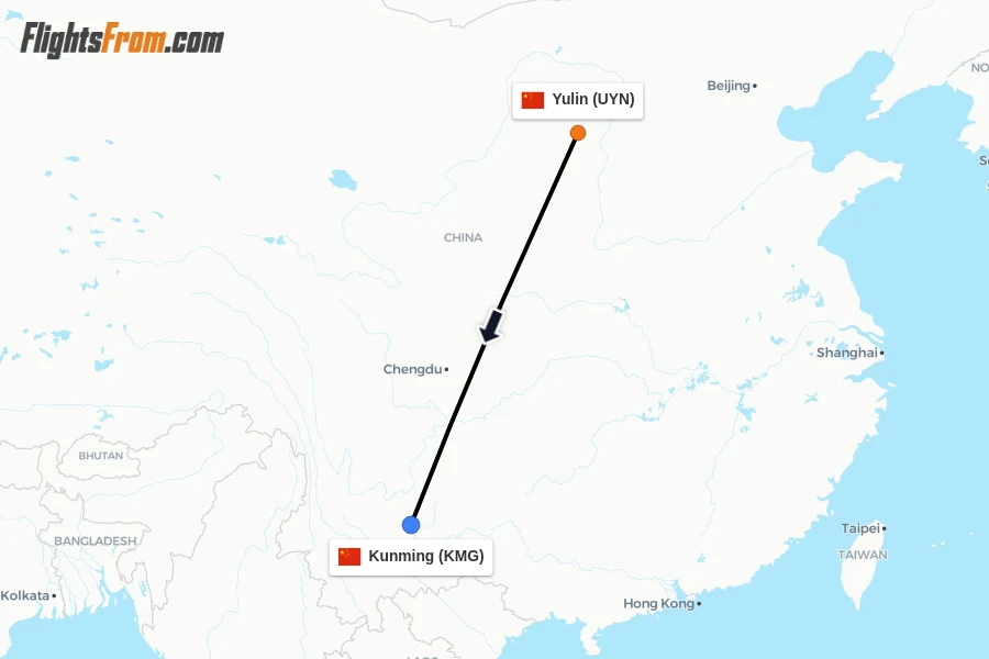 Flights from Yulin to Kunming route map