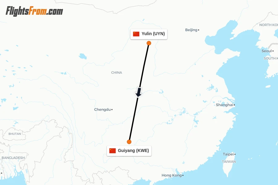 Flights from Yulin to Guiyang route map
