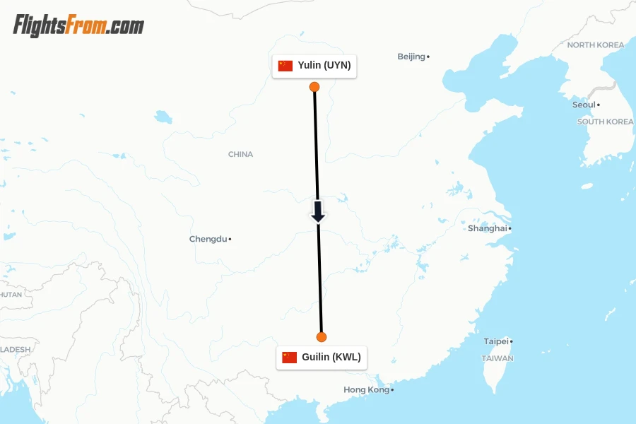 Flights from Yulin to Guilin route map