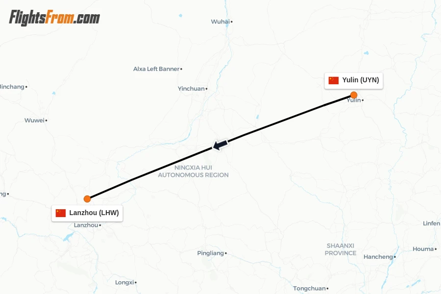 Flights from Yulin to Lanzhou route map