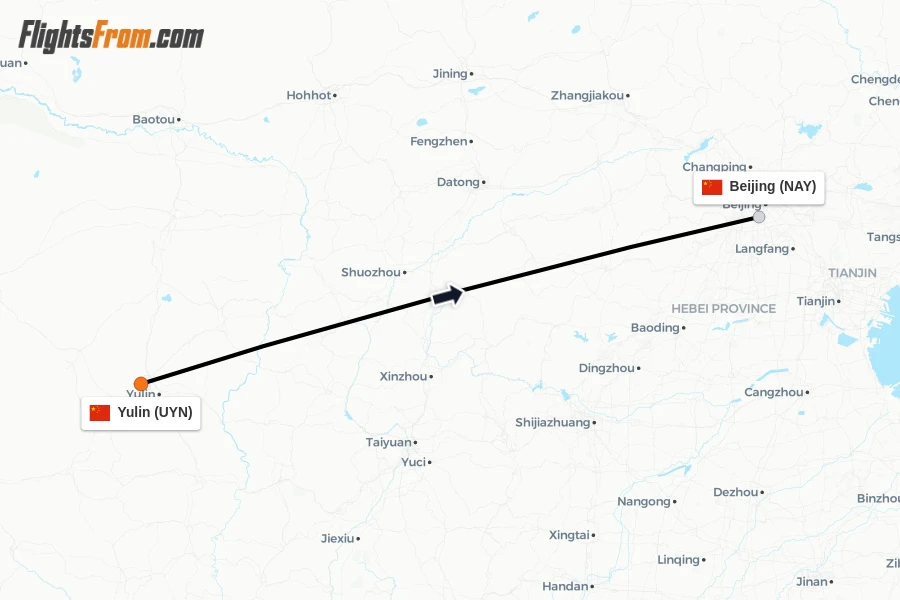Flights from Yulin to Beijing route map
