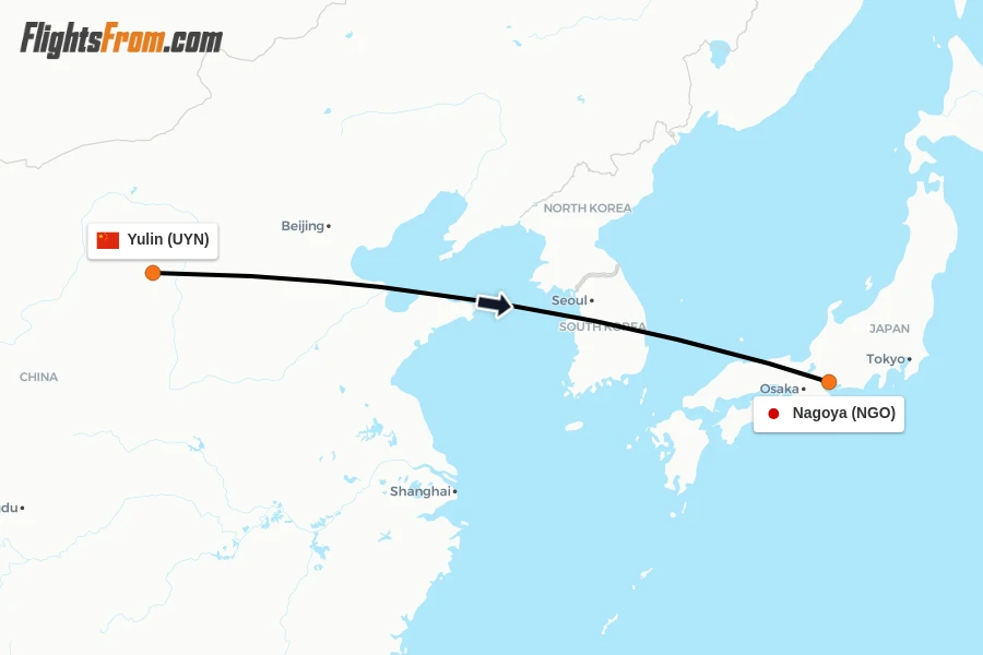 Flights from Yulin to Nagoya route map