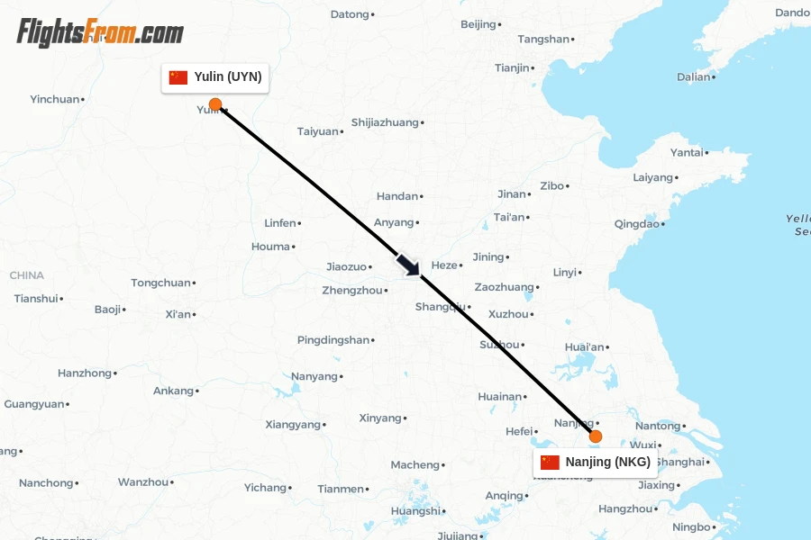 Flights from Yulin to Nanjing route map
