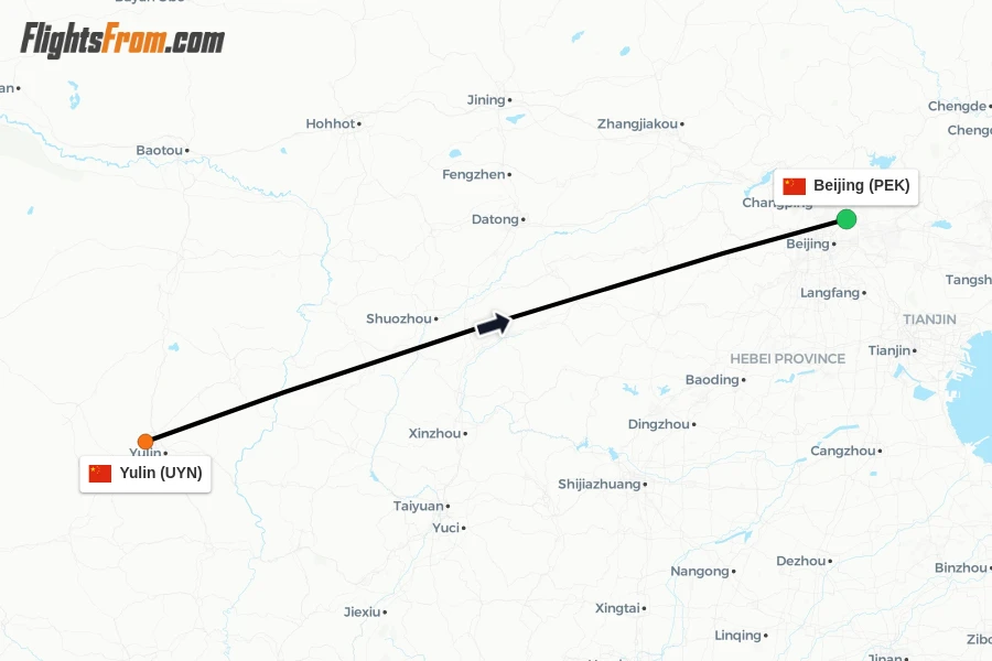 Flights from Yulin to Beijing route map