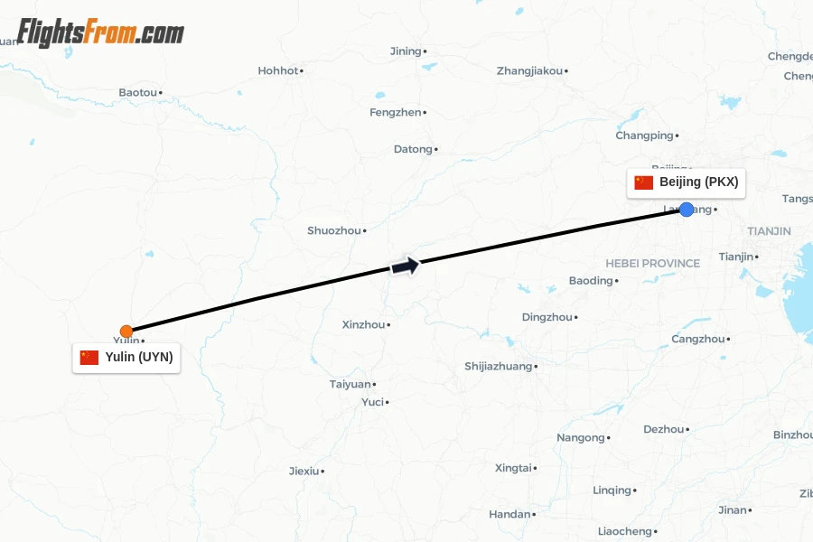 Flights from Yulin to Beijing route map