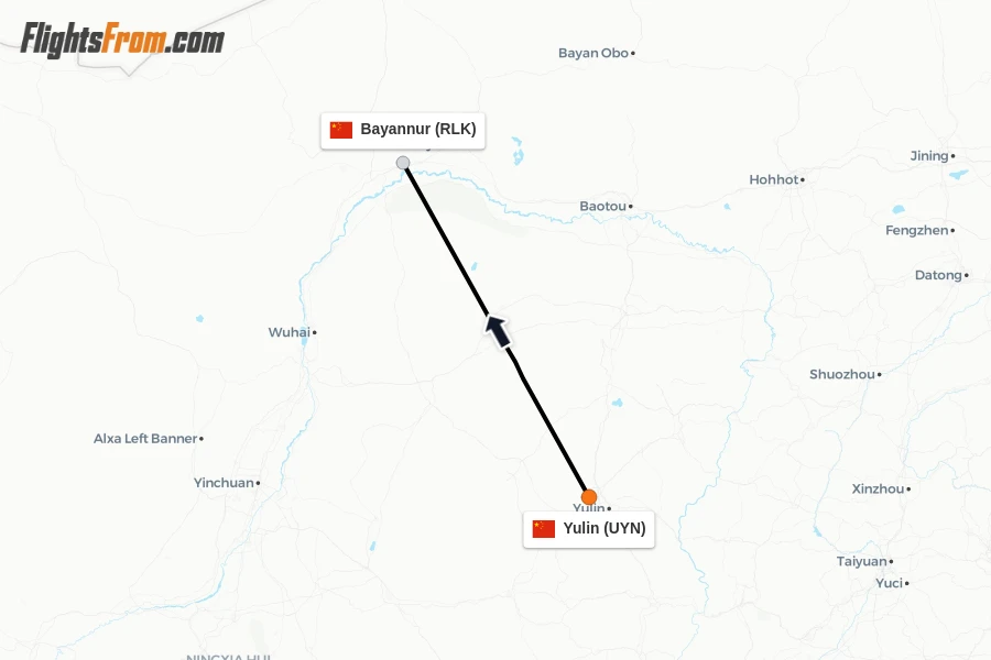 Flights from Yulin to Bayannur route map