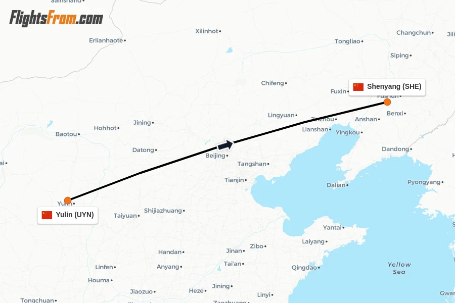 Flights from Yulin to Shenyang route map