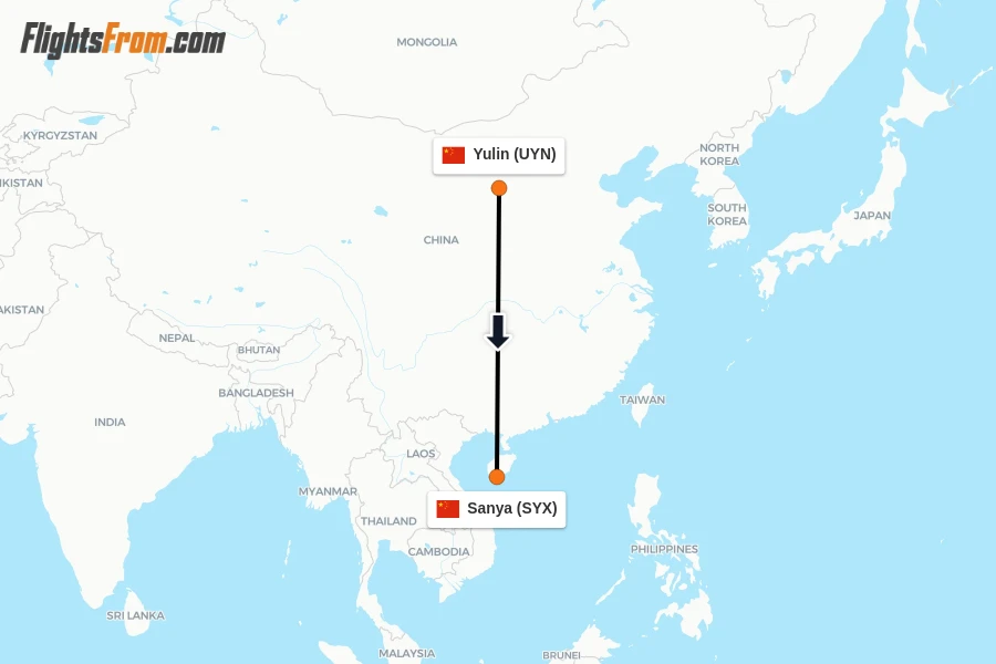 Flights from Yulin to Sanya route map