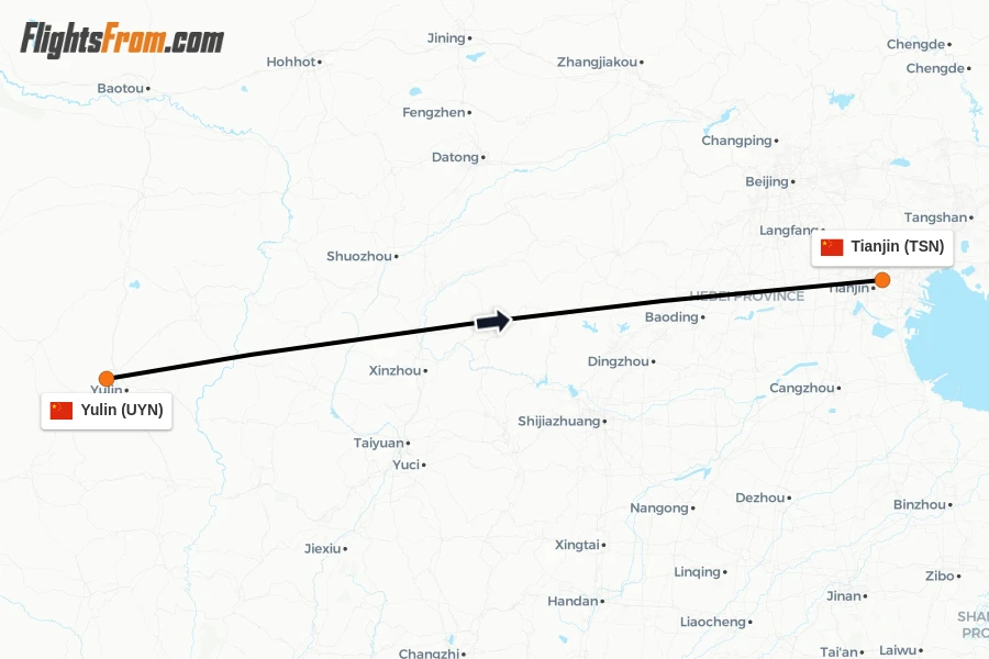 Flights from Yulin to Tianjin route map