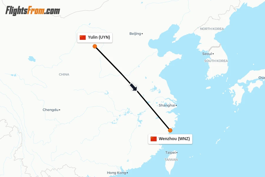 Flights from Yulin to Wenzhou route map