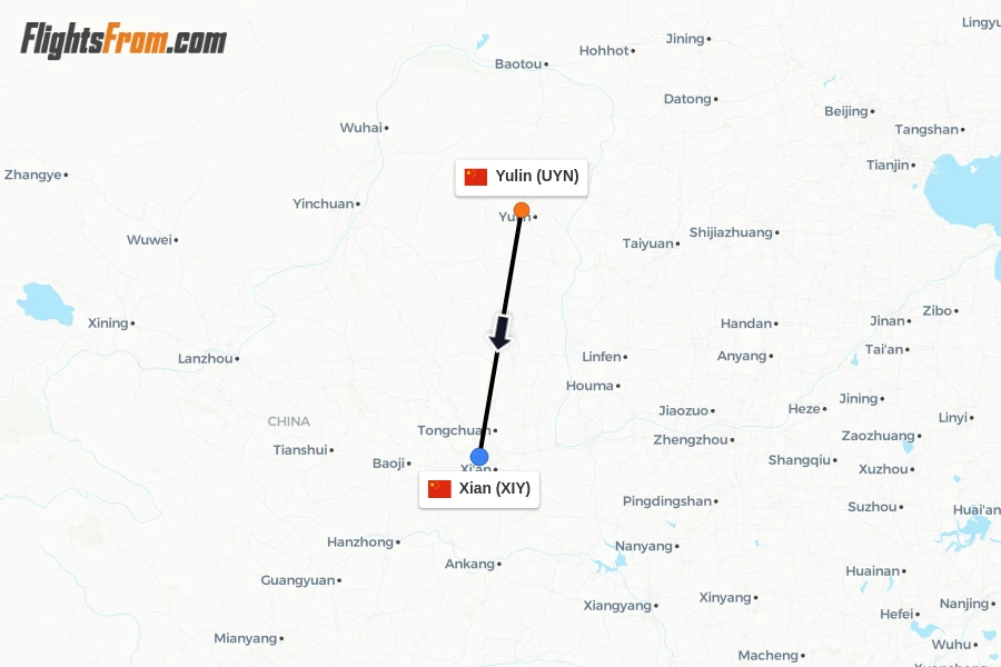 Flights from Yulin to Xian route map