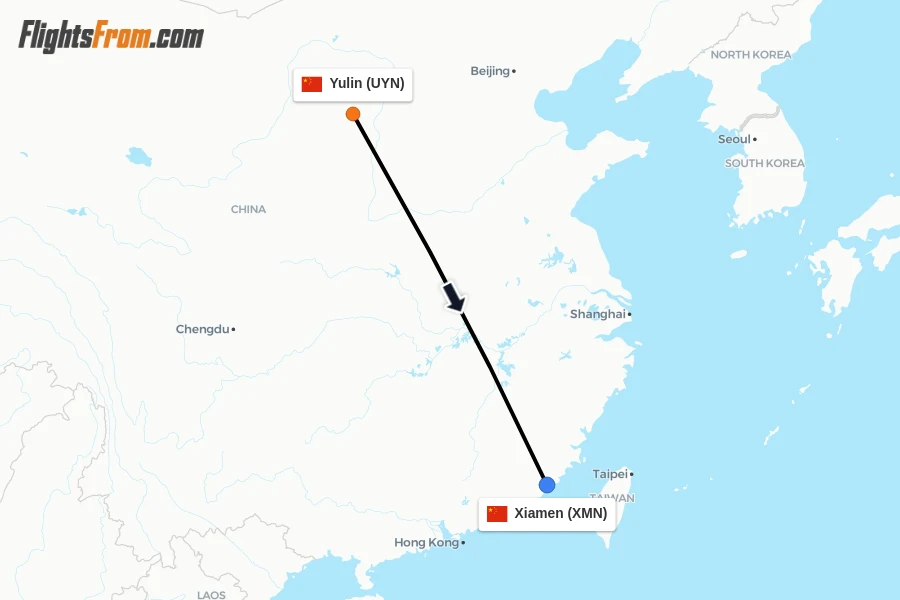 Flights from Yulin to Xiamen route map