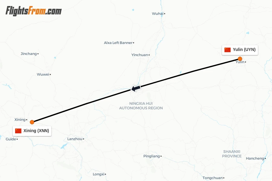 Flights from Yulin to Xining route map