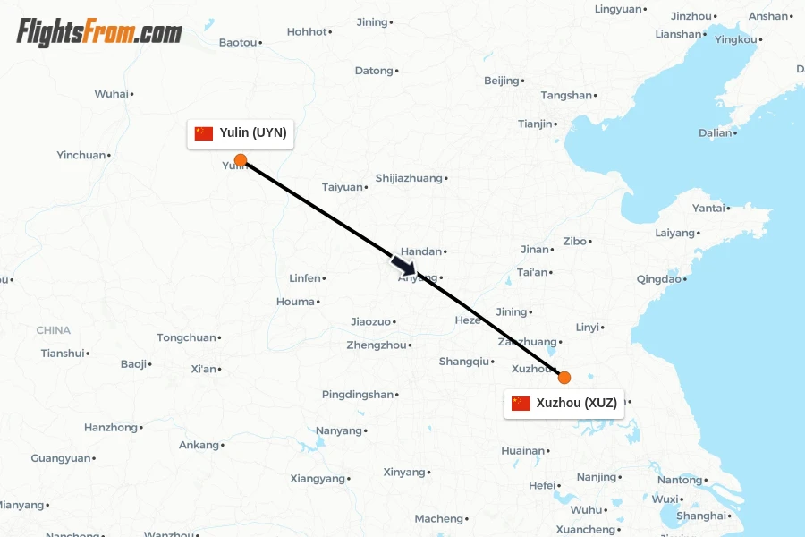 Flights from Yulin to Xuzhou route map