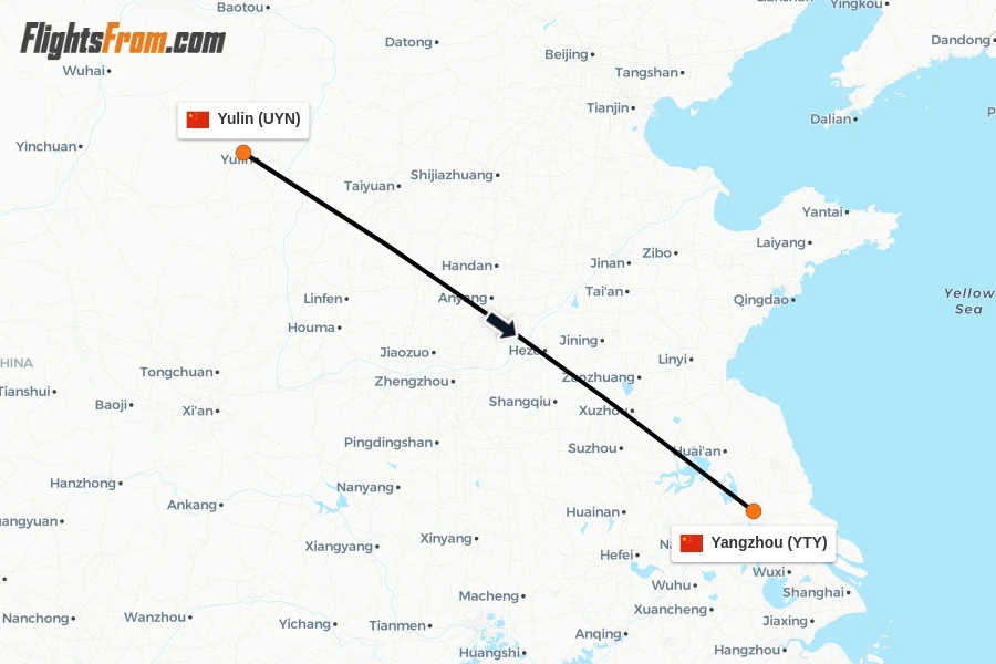 Flights from Yulin to Yangzhou route map