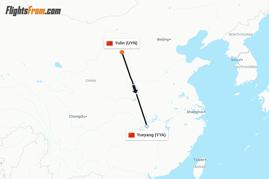 Flights from Yulin to Yueyang route map