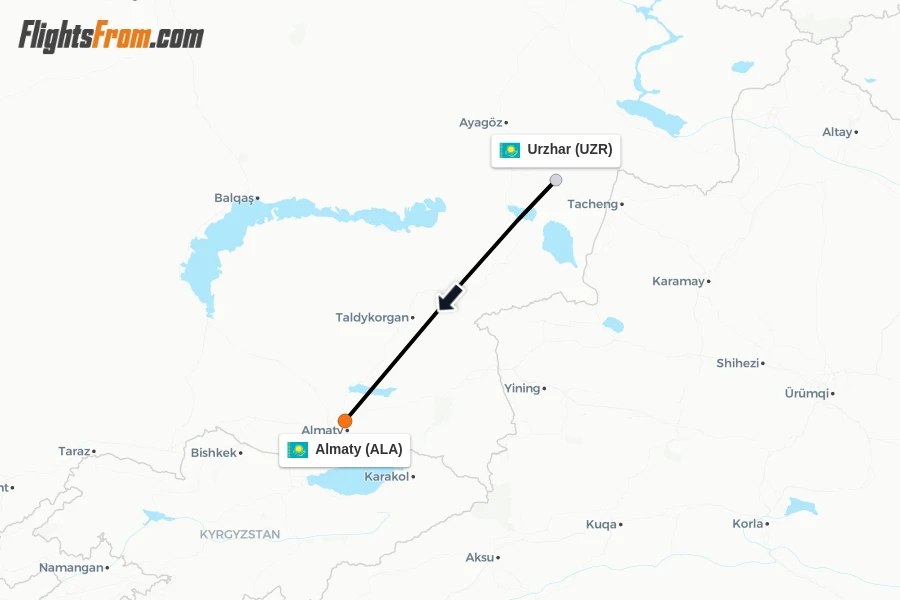 Flights from Urzhar to Almaty route map