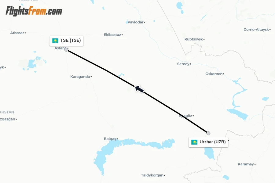 Flights from Urzhar to TSE route map