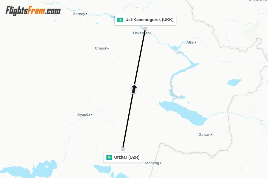 Flights from Urzhar to Ust-Kamenogorsk route map