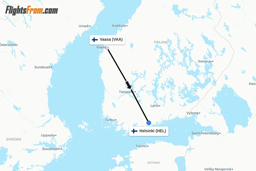 Flights from Vaasa to Helsinki route map