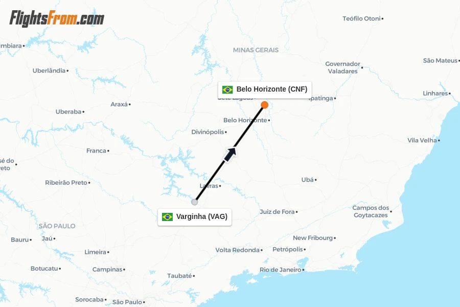 Flights from Varginha to Belo Horizonte route map
