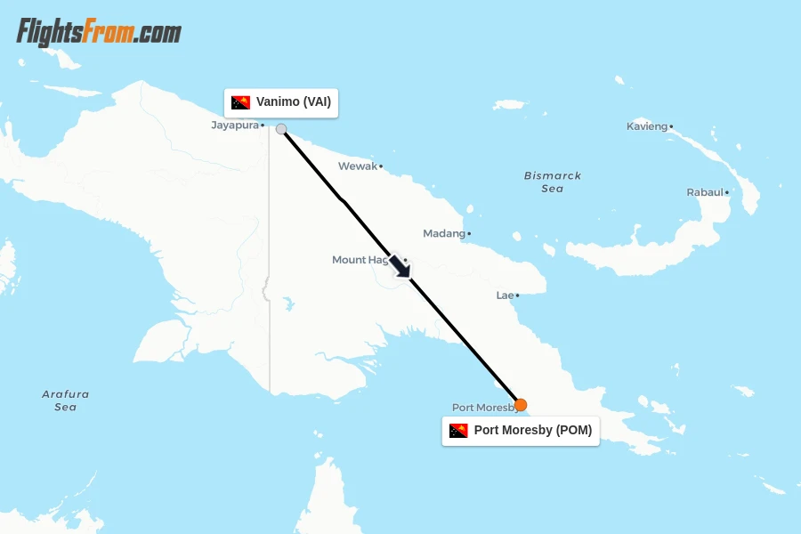 Flights from Vanimo to Port Moresby route map