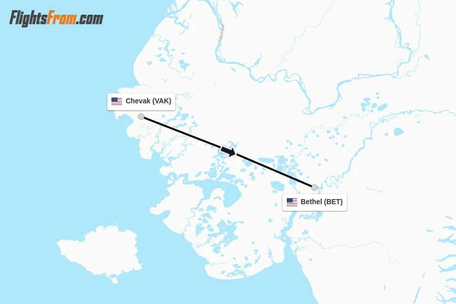 Flights from Chevak to Bethel route map