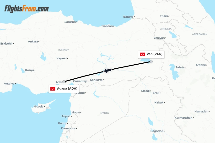 Flights from Van to Adana route map
