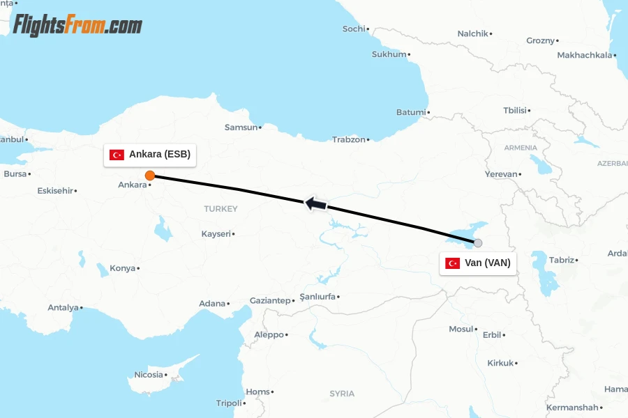 Flights from Van to Ankara route map