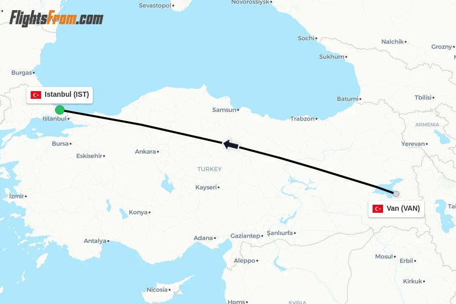Flights from Van to Istanbul route map