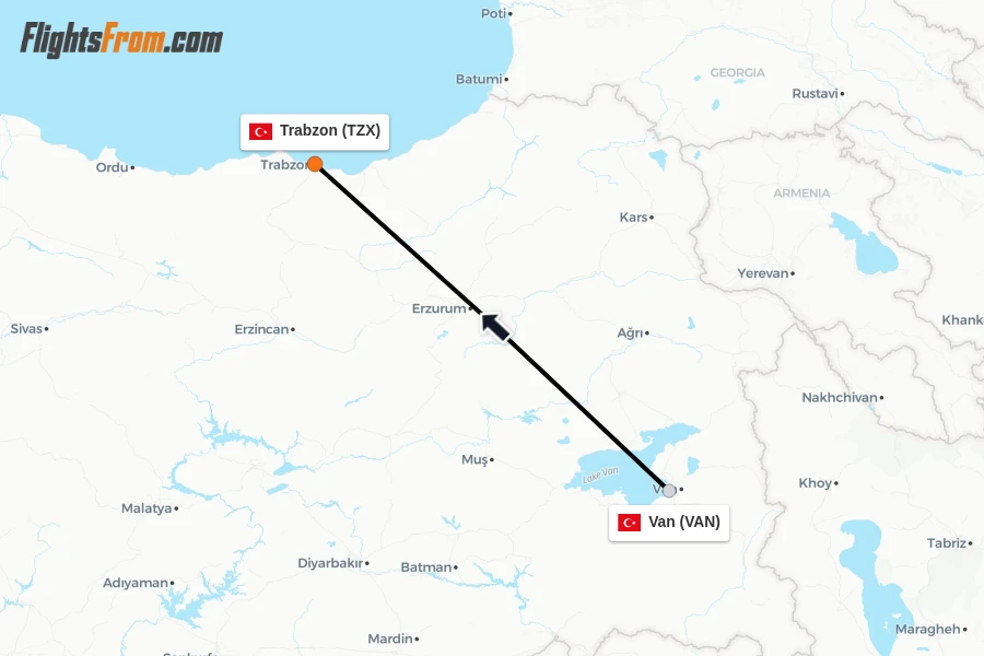 Flights from Van to Trabzon route map