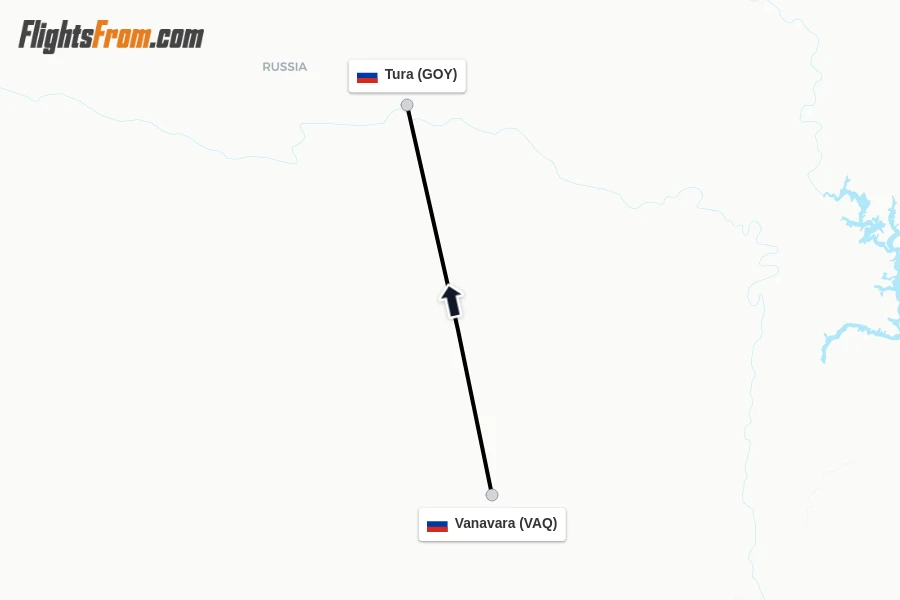 Flights from Vanavara to Tura route map