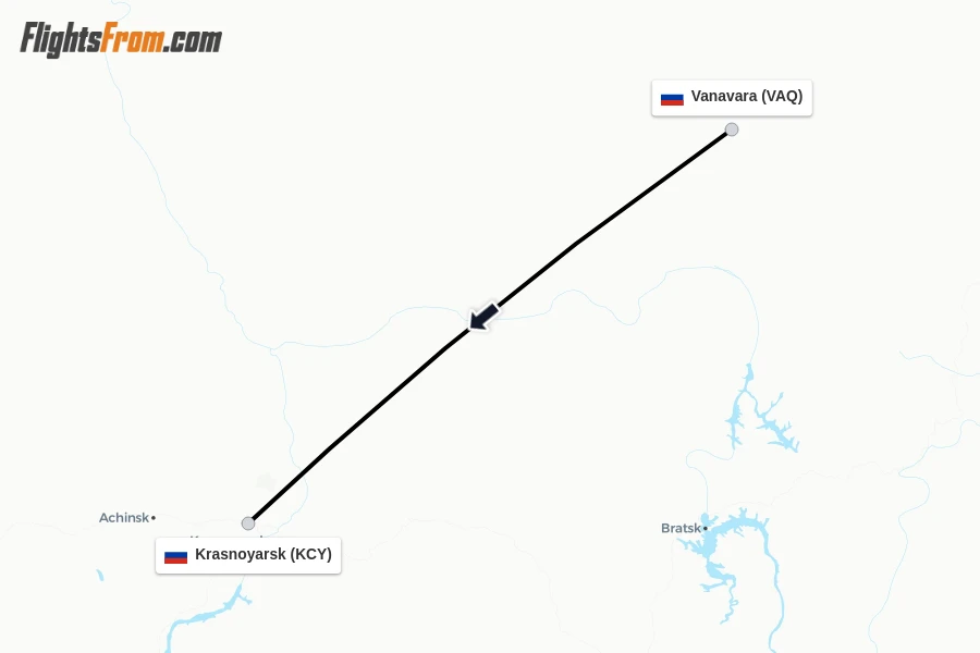 Flights from Vanavara to Krasnoyarsk route map