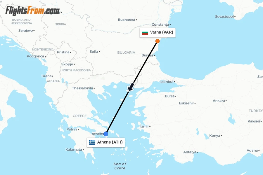Flights from Varna to Athens route map