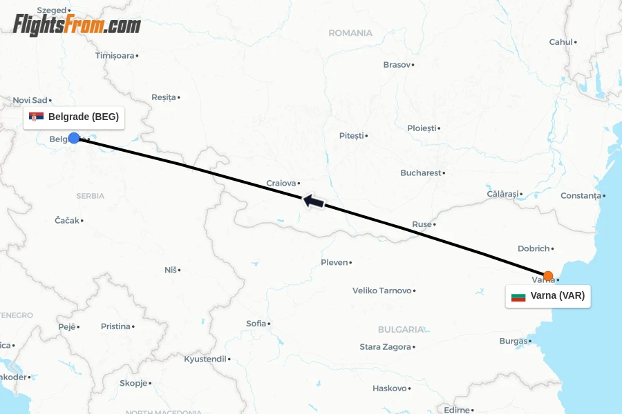 Flights from Varna to Belgrade route map