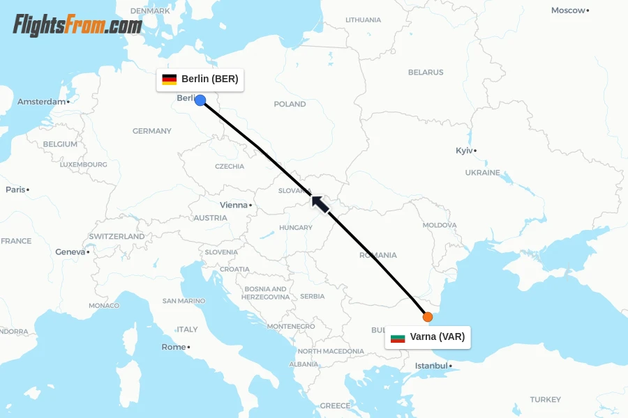 Flights from Varna to Berlin route map