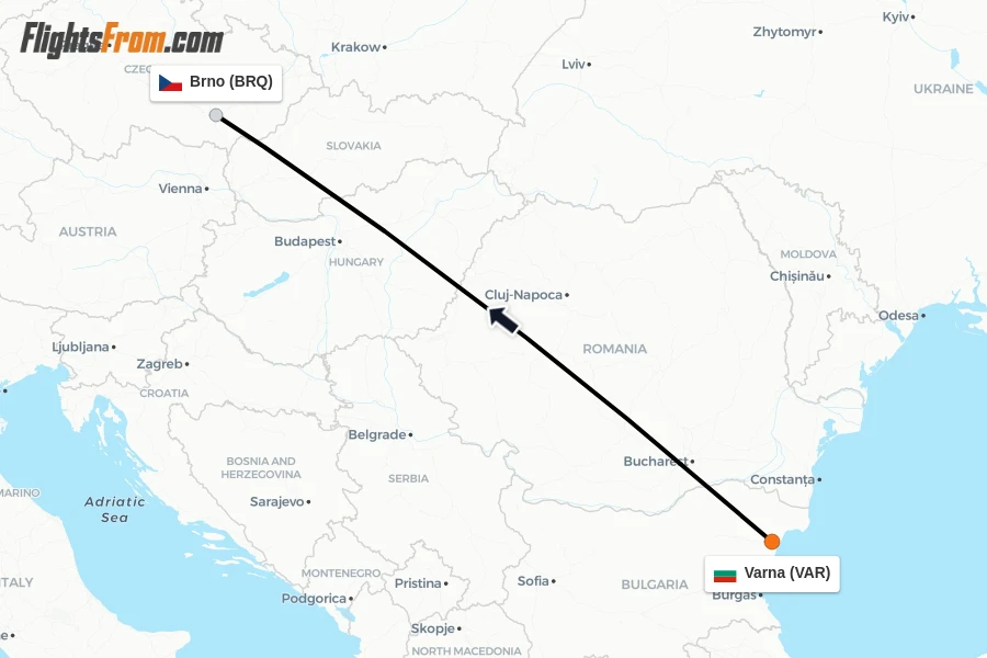 Flights from Varna to Brno route map