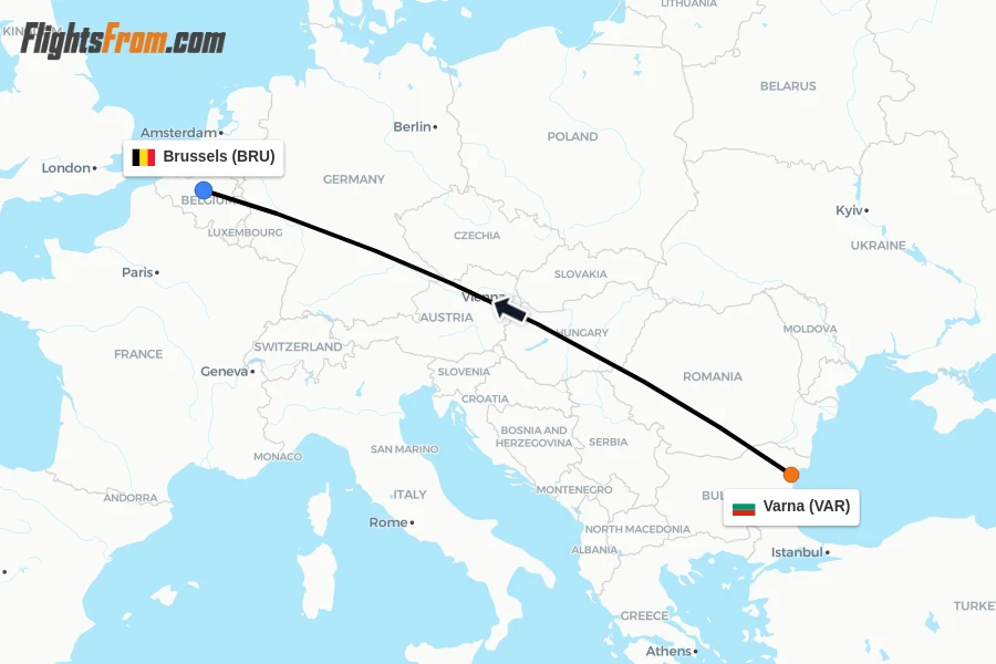 Flights from Varna to Brussels route map