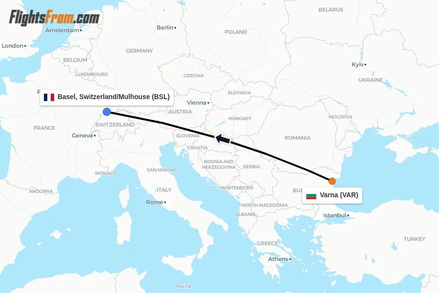 Flights from Varna to Basel, Switzerland/Mulhouse route map