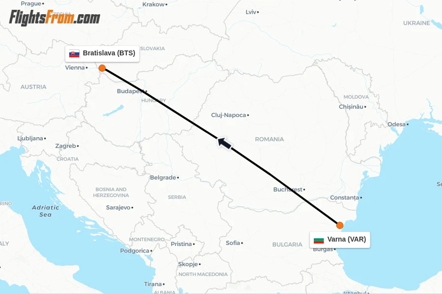 Flights from Varna to Bratislava route map