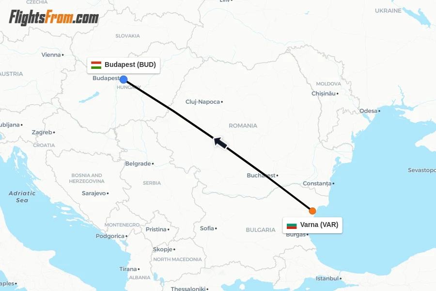 Flights from Varna to Budapest route map