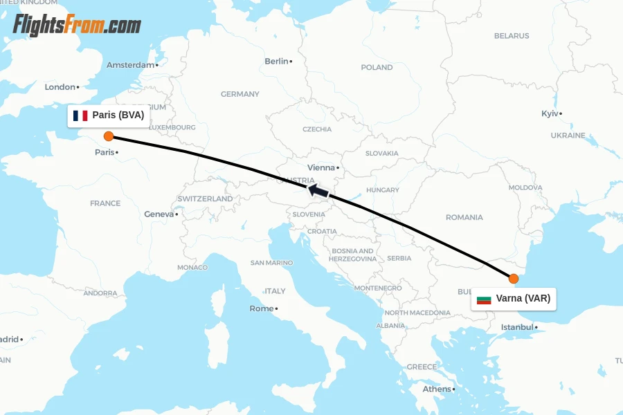 Flights from Varna to Paris route map