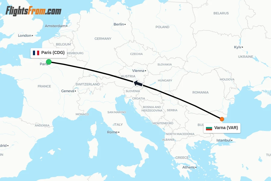 Flights from Varna to Paris route map