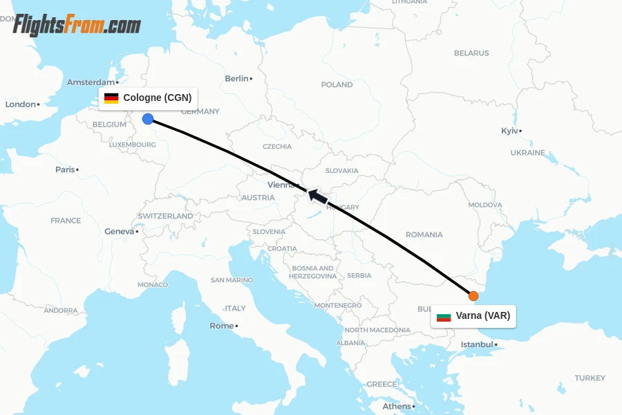 Flights from Varna to Cologne route map