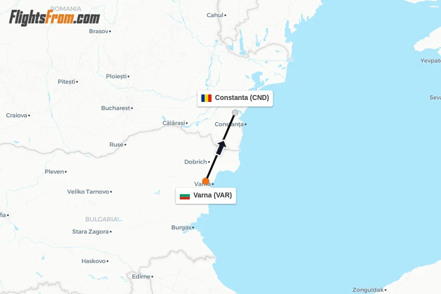 Flights from Varna to Constanta route map