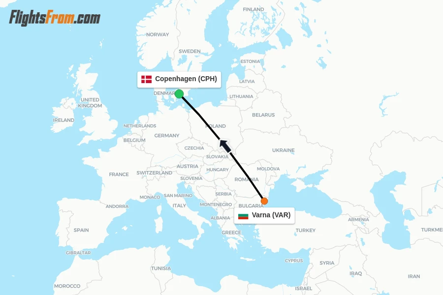 Flights from Varna to Copenhagen route map