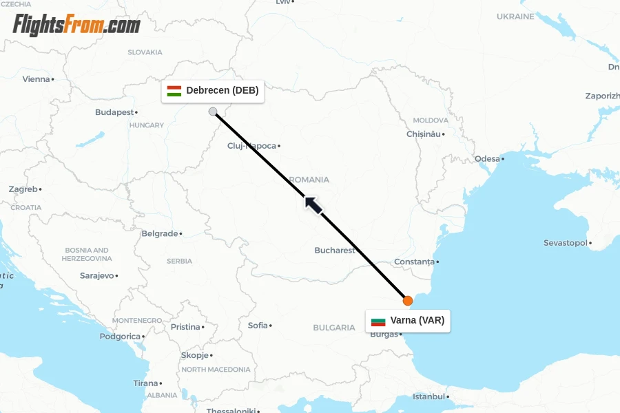 Flights from Varna to Debrecen route map