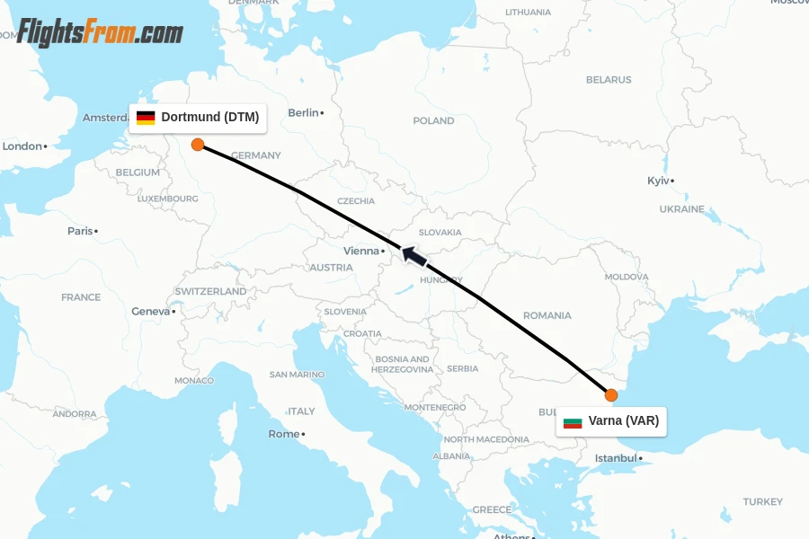 Flights from Varna to Dortmund route map